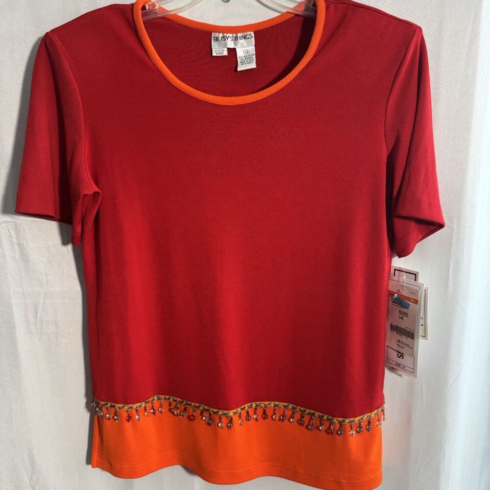 Betsys Things Women’s Beaded  Hem Top Size 14 Red Orange NWT Stretch Casual
